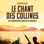 Buchcover von „Das Lied der Hügel“ von Vincent Tellier, zeigt die Silhouette eines Soldaten in afrikanischer Buschlandschaft bei Sonnenuntergang.