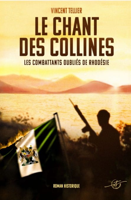 Buchcover von „Das Lied der Hügel“ von Vincent Tellier, zeigt die Silhouette eines Soldaten in afrikanischer Buschlandschaft bei Sonnenuntergang.